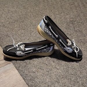 Sperry Black and Silver Loafers with Leopard Print Design